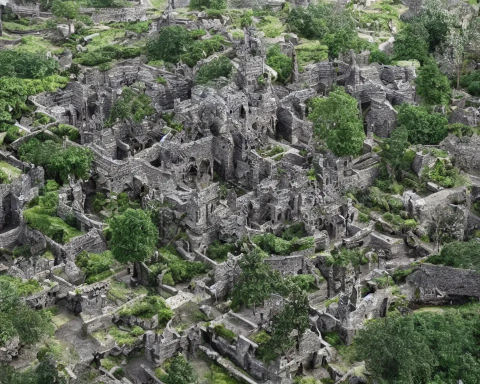 Image similar to medieval elven city, built into trees and stone