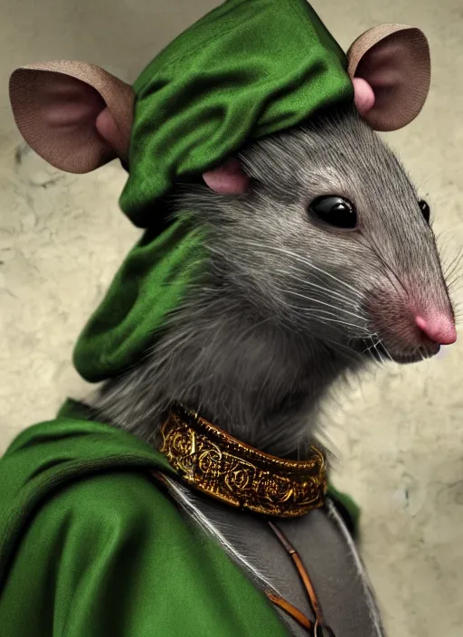 Prompt: gray rat standing on two legs, wearing jewelry, green eyes, tricorne hat, green robe, D&D, digital art, realistic, trending on artstation, 4k