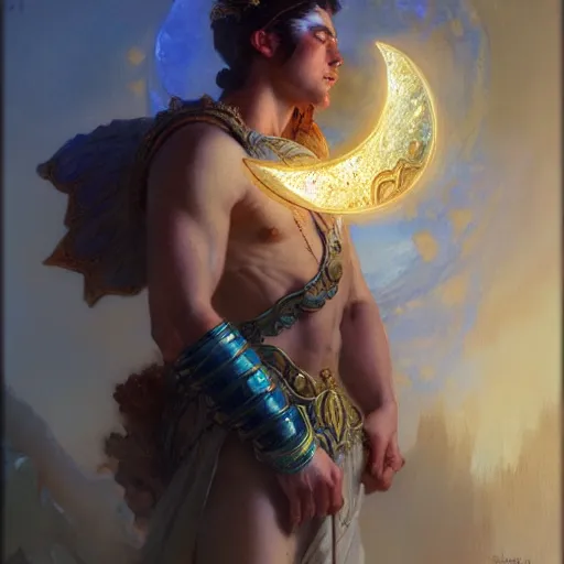 Prompt: god of moon, fantasy, painting by gaston bussiere, craig mullins, j. c. leyendecker, trending on artstation