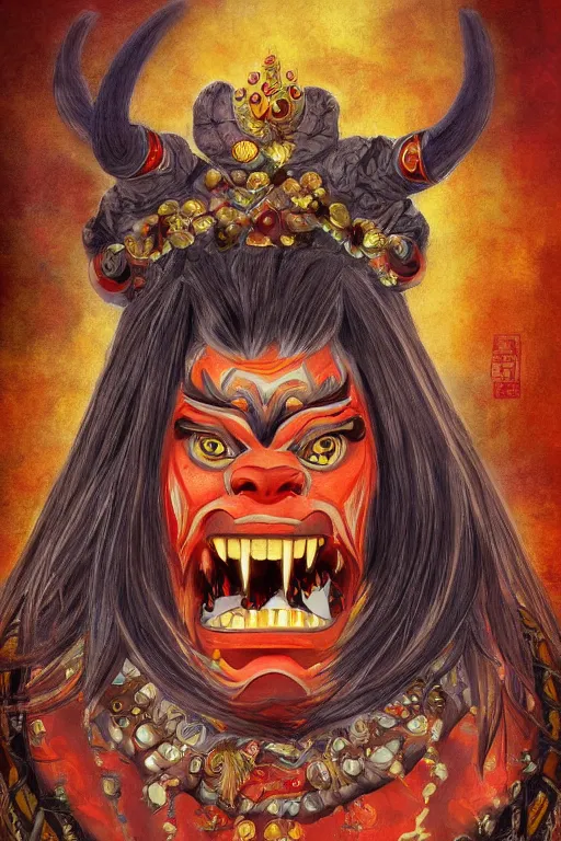 Prompt: beautiful Oni portrait, high detail, full body, mad painting