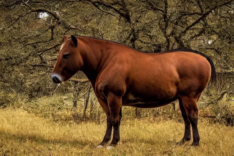 Image similar to a horse bull!!! hybrid! hyper realistic!! realistic lighting!! wildlife photographer of the year!!! bold natural colors, national geographic, hd, wide angle, 8 k