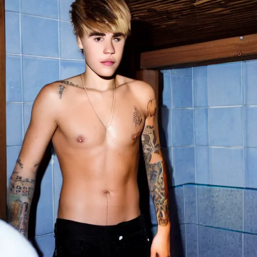 Image similar to high-resolution photograph of Justin Bieber in a sauna with hair on his chest