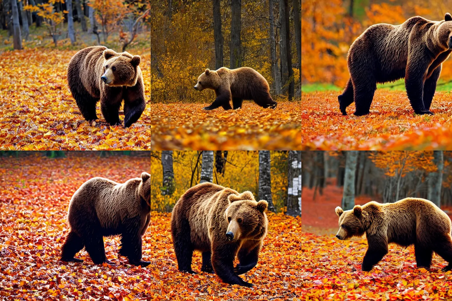 Prompt: a photo of a brown bear walking on crispy autumn leaves