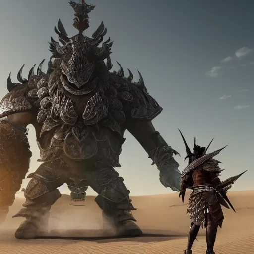 Image similar to great warrior with edgy armor facing a giant monster in black desert sands. Hyper realistic. High intricate details. Photo realistic. Hyper details.