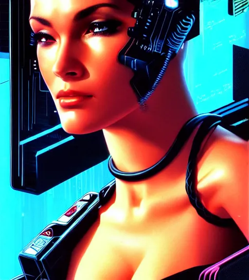 Image similar to cable plugged in, side of head, very very beautiful woman, cyberdeck computer terminal, street level night city, 1 9 7 9 omni magazine cover, style by vincent di fate, artgerm, cyberpunk 2 0 7 7, very coherent, detailed, 4 k resolution, unreal engine, daz