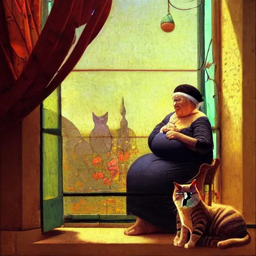 Image similar to a sweet fat old happy woman with a cat on her head. an artistic and poetic scene. jean - leon gerome, orientalism, academicism, angel, beautiful, highly detailed, color harmony, octane render, ornate, paul klee, flowers, window, zbrush, realism, darkness, alchemical, style of moebius