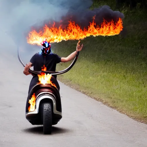 Image similar to a man with a burning skull head riding a flaming motercycle