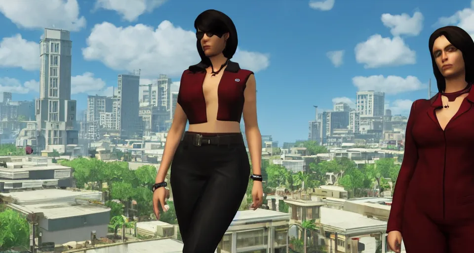 Image similar to Screenshot of Lana Kane from the show Archer as a 3d NPC in the videogame 'Hitman 3' (2021). Beautiful high-rise environment. Gorgeous level. Fancy dress. Sharpened. 4k. High-res. Ultra graphics settings.
