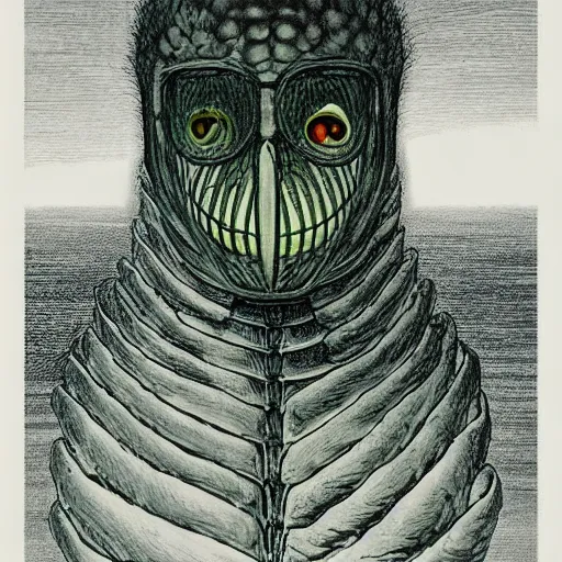 Prompt: within a simple clear glass terrarium there resides a violent crow snake neck mutant viciously snaps at all who dare draw near its poisonous fangs and beak rene magritte h.r. giger Magali Villeneuve giorgio de chirico