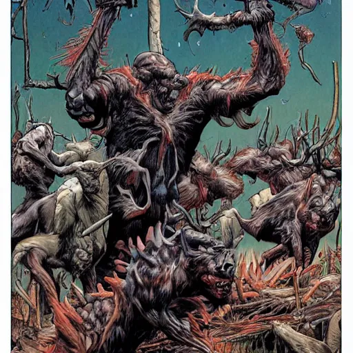 Image similar to sci - fi, hunters of monsters walking in a meat and bone forest, art by juan gimenez