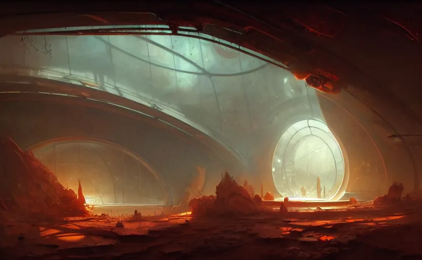 Image similar to abandoned mars biodome, horror sccene, by Greg Rutkowski and Gaston Bussiere, dim lighting, beautiful volumetric-lighting-style atmosphere, futuristic atmosphere, intricate, detailed, photorealistic imagery, artstation