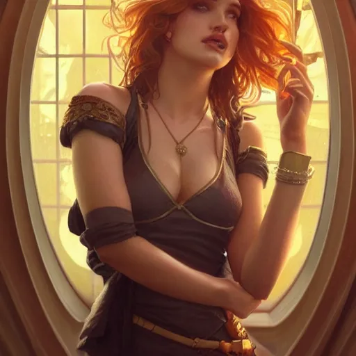 Image similar to ultra realistic illustration, bella thorne as barmaid, intricate, elegant, highly detailed, digital painting, artstation, concept art, smooth, sharp focus, illustration, art by artgerm and greg rutkowski and alphonse mucha