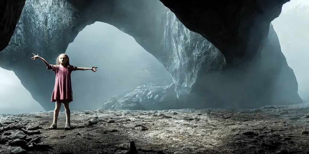 Image similar to greta thunberg as gollum, holding the ring up, inside a cave, fog, cinematic, still shot from the new lord of the rings movie