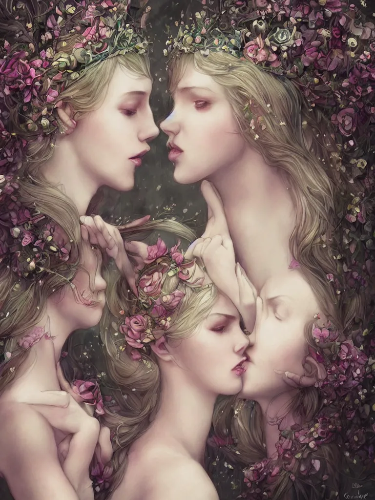 Prompt: two beautiful elegant sexy fairies embracing with crowns of flowers, by charlie bowater, full body, highly detailed, symmetrical face