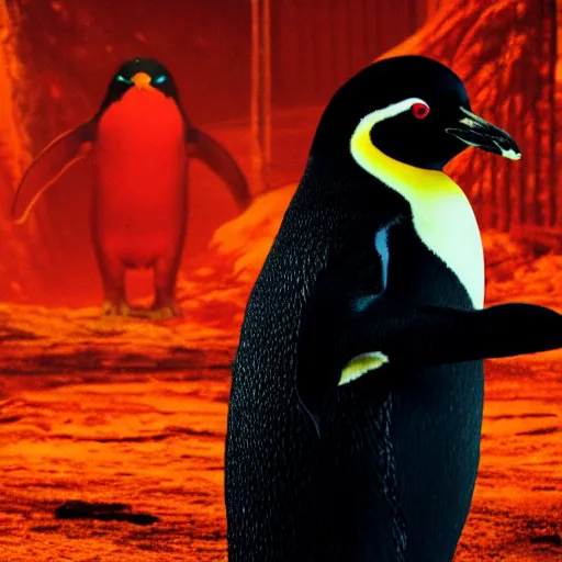 Image similar to penguin with red glowing eyes standing in front of minas morgul