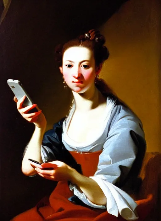 Prompt: portrait of a gorgeous woman on her smartphone!! oil painting by joseph ducreux, 1 7 th century, art, oil on canvas, wet - on - wet technique, highly realistic, expressive emotions, intricate textures, illusionistic detail, 4 k