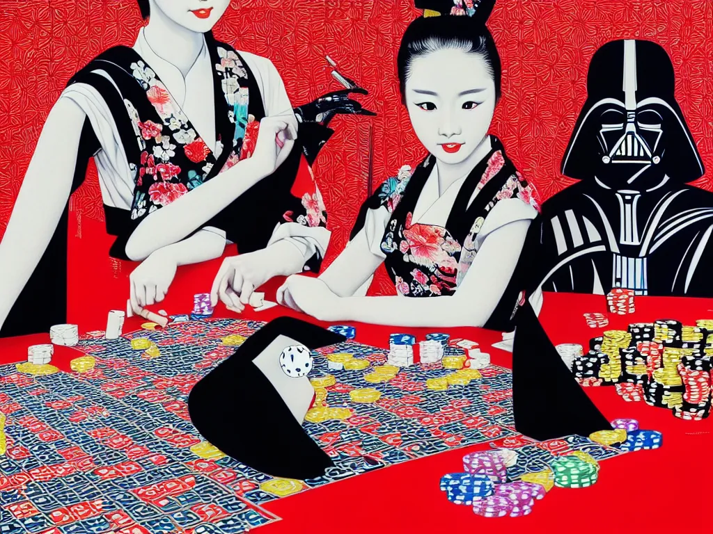 Image similar to hyperrealism composition of the detailed woman in a japanese kimono sitting at an extremely detailed poker table with darth vader, fireworks and folding screen on the background, pop - art style, jacky tsai style, andy warhol style, acrylic on canvas