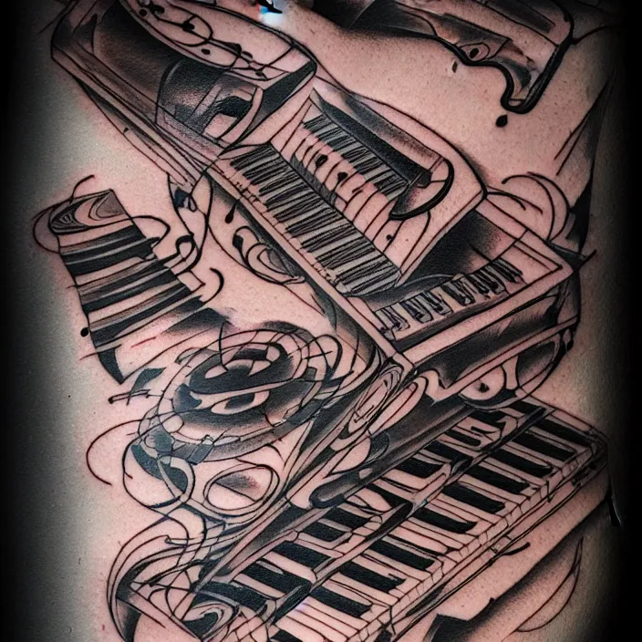 Image similar to abstract tattoo art of a keyboard, concept art, baroque, fine detail, sheet paper