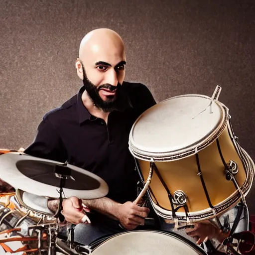 Image similar to bald arab guy with a beard playing a drum solo on a large drum kit, cinematic style, symmetric, highly detailed, ornate, intricate, realistic