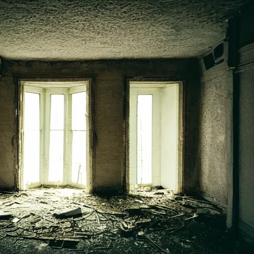 Image similar to a ethereal phantom floating over the old abandoned floor of a ancient house