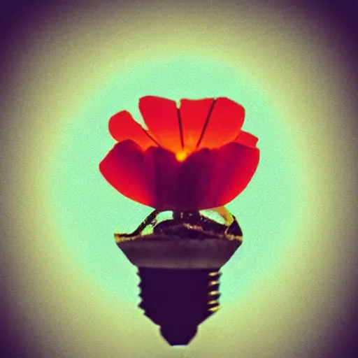 Prompt: a glowing lightbulb, a flower inside, polaroid photo, surreal,