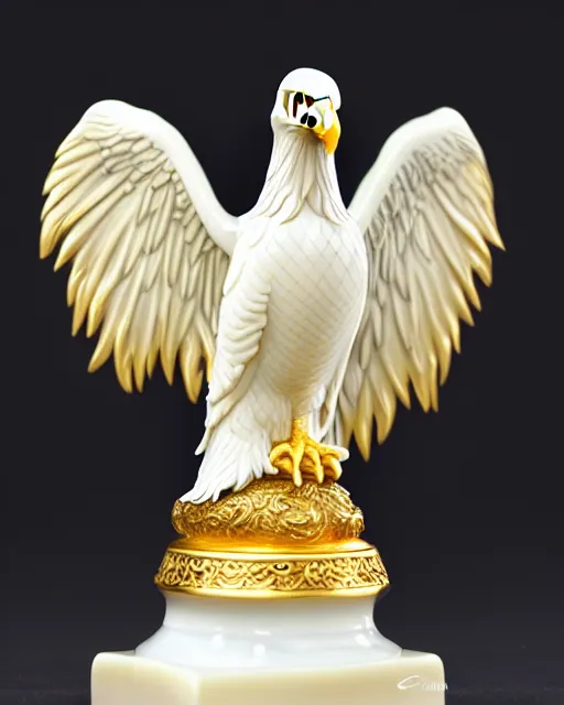 Image similar to gorgeous ornated snow white porcelain realistic detailed sacred bald eagle statue with golden filigree carved out of ivory, high resolution photo, crisp