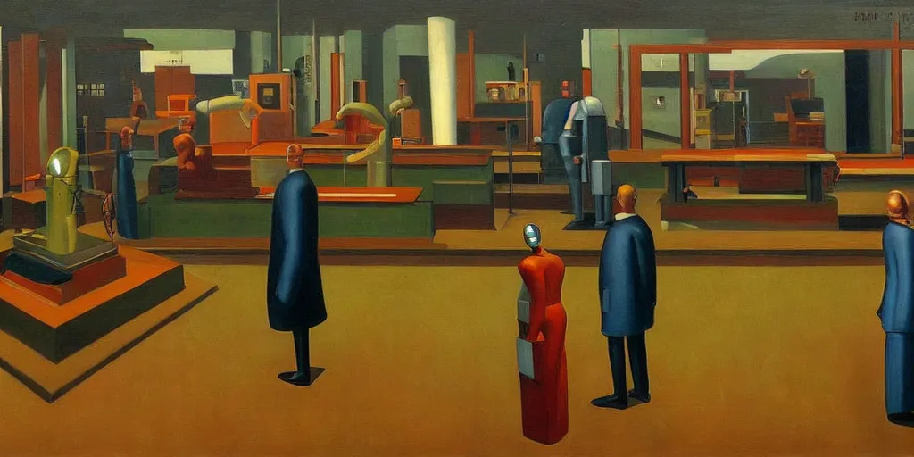 Image similar to intelligent robots at a control panel plotting our destruction, grant wood, pj crook, edward hopper, oil on canvas