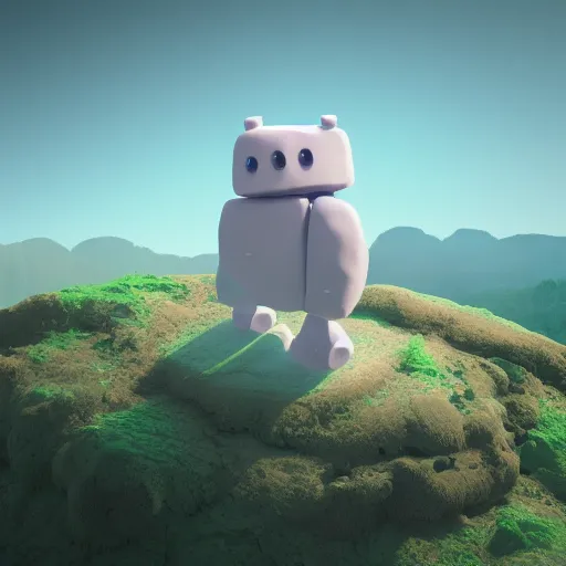 Image similar to A Marshmallow Golem wandering a candy landscape, mystical, mysterious, magical, Octane Render, Raytracing