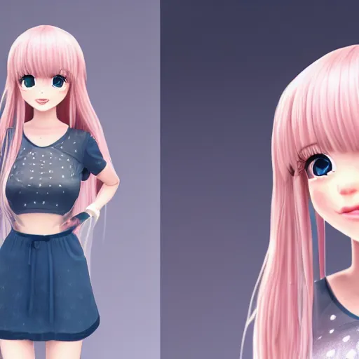 Image similar to Render of Nikki from Shining Nikki Dress-Up Game, a cute 3D young woman, long light pink hair, full bangs, full round face, hazel amber eyes, pale skin, cute freckles, light blush, Chinese heritage, smiling softly, wearing casual clothing, interior lighting, cozy living room background, medium shot, mid-shot, hyperdetailed, trending on Artstation, Unreal Engine 4k