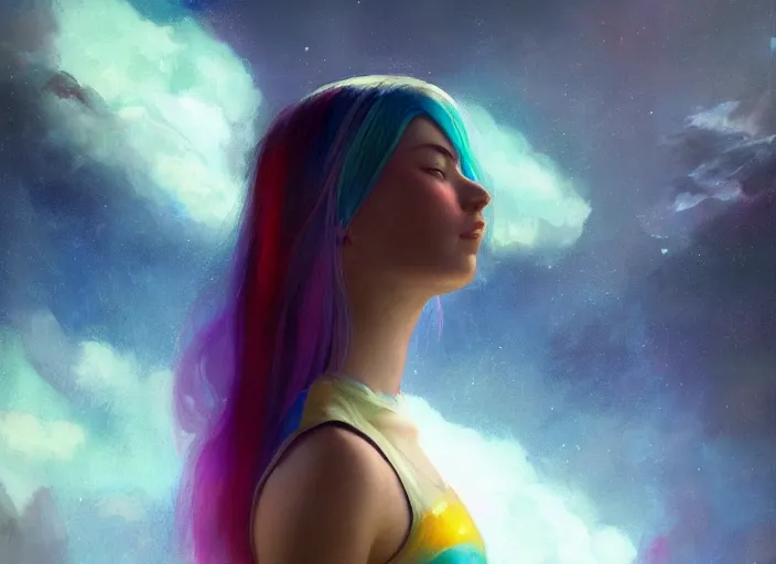 Prompt: a girl with rainbow hair standing in a spaceship, official art, by jeremy lipking, by artgerm, realistic expressive oil painting, cgsociety, anime style, detailed spaceship interior, octane render