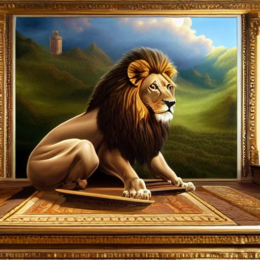 Image similar to a lion sitting an antique table, a detailed matte painting by vladimir kush, cgsociety, furry art, airbrush art, detailed painting, matte painting