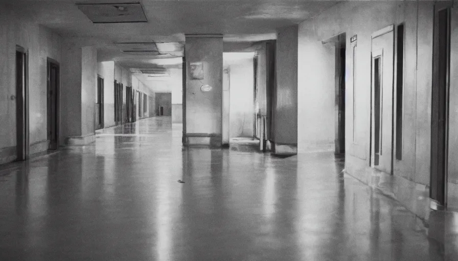 Prompt: 60s movie still of a sovietic stalinist style empty light rose hôtel corridor, cinestill 800t 50mm eastmancolor, liminal Space style, heavy grain-s 150