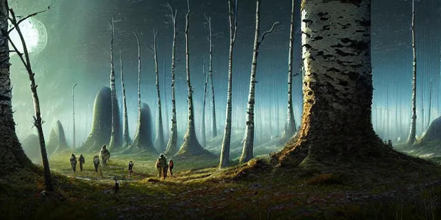 Image similar to painting group of sci - fi adventures searching birch trees forest for crashed ship by tomasz alen kopera and cornelius dammrich with futuristic city scape ion the distance by eddie jones and simon stahlenhag