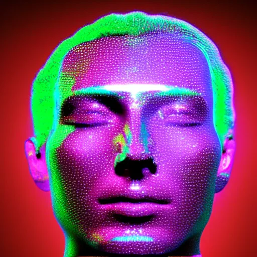 Image similar to a 3d human head made up of shiny holograms