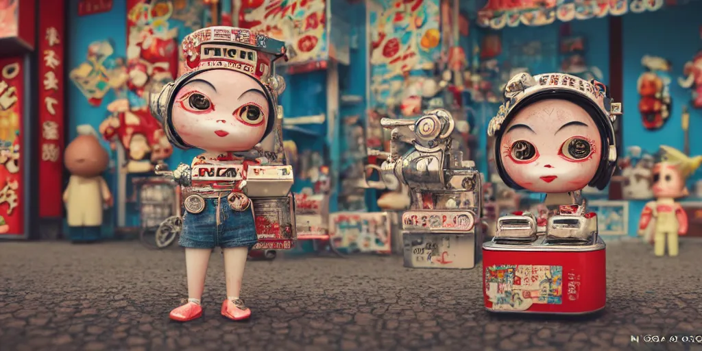 Image similar to closeup portrait of tin toy retro tokyo corner store, depth of field, zeiss lens, detailed, centered, photoshoot, by nicoletta ceccoli, mark ryden, lostfish, breathtaking, 8 k resolution, extremely detailed, beautiful, establishing shot, artistic, hyperrealistic, octane render, - h 8 0 4