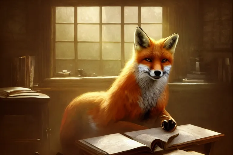 Image similar to portrait of a fox sat at a school desk doing schoolwork, trending on artstation, highly detailed, digital painting, volumetric light, concept art, middle focus, illustration, lighting by Marc Adamus, daren bader, aleksi briclot, rutkowski, bouguereau