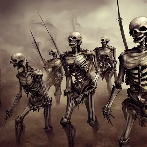 Prompt: An army of skeleton warriors, realistic, digital art, trending on artstation