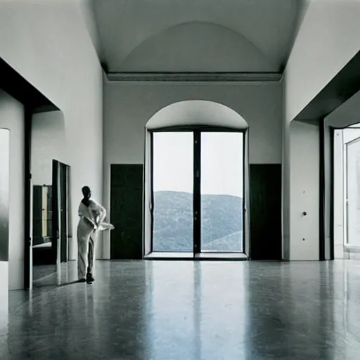 Image similar to giant Italian modern castle living room, clean minimalist design, that is 1300 feet tall, with very tall giant walls filled with modern art paintings, doors that are cosmic portals, photo by Annie Leibovitz, with modern sculpture by Ken Kelleher