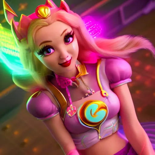 Image similar to Princess peach mixed with jinx from league of legends, dancing, background with neon lighting, fullshot, raytrayced, octane render, epic composition, intricate details, hyperrealist, by Joe Benitez, WLOP, Alessandro Barbucci, Barbara Canepa