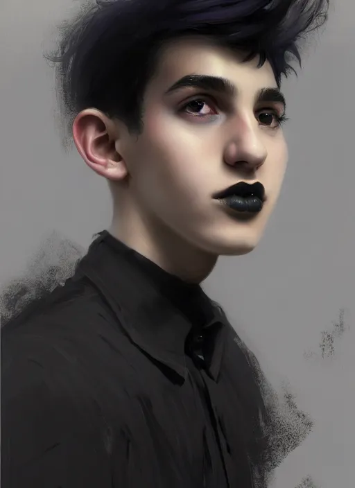 Image similar to portrait of a teen boy with a crooked nose and a confident expression, 1 9 6 0 s, black clothes, goth, punk, brightly coloured hair, funk, intricate, elegant, highly detailed, digital painting, artstation, concept art, smooth, sharp focus, illustration, art by wlop, mars ravelo and greg rutkowski