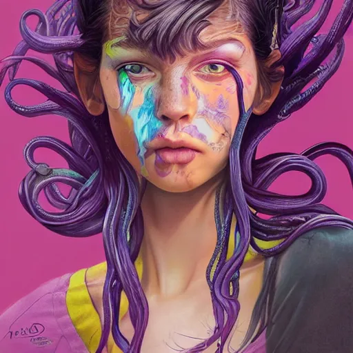 Image similar to detailed art portrait of a furious teen girl with thin, hair-like purple tentacles on her head and bright purple eyes, 8k,by tristan eaton, Stanley Artgermm,Tom Bagshaw,Greg Rutkowski,Carne Griffiths,trending on DeviantArt, face enhance,hyper detailed ,full of colour