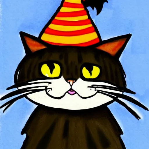 Image similar to drawing of a cat using witch hat. cartoon. cute. anime style.