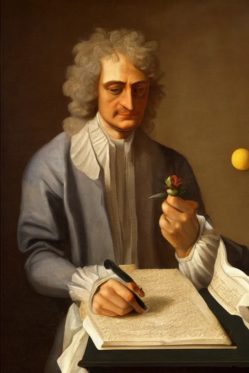 Image similar to Isaac Newton, the apple and the moon, oil on canvas, intricate, 8k highly professionally detailed, HDR, CGsociety