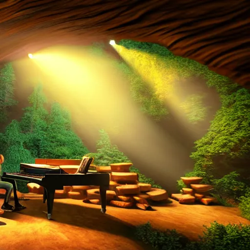 Prompt: A photorealistic wood log cave music studio in virtual reality with virtual people playing instruments, light rays coming out of the windows, bounce lighting, unreal engine, photorealistic