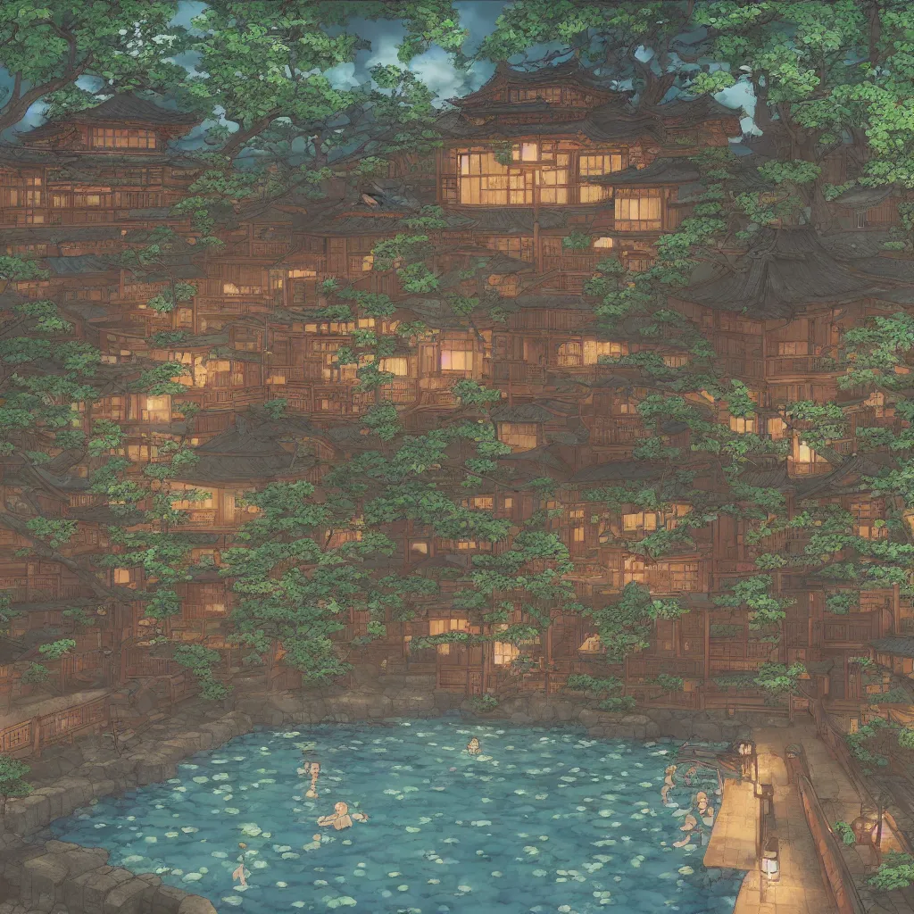 Image similar to Japanese bath house at night (Spirited Away), next to pond, highly detailed, 3D render, digital art, artstation, 8K photography, matte photo-realistic, vivid colors, perspective, by Hayao Ghibli Miyazaki!!!, breath of the wild style