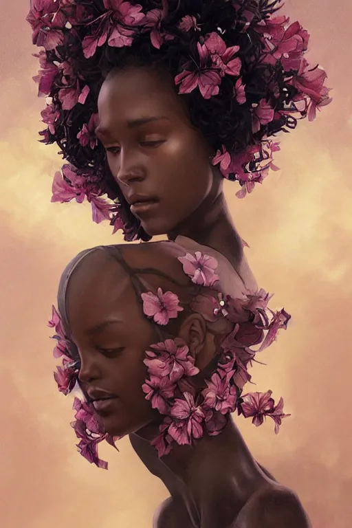 Image similar to ultra realistic illustration, black girl with flowers blossoming from helmet, elegant, highly detailed, digital painting, concept art, smooth, sharp focus, illustration, art by artgerm and greg rutkowski and alphonse mucha