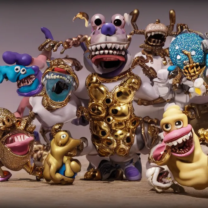 Prompt: jeff koons hip hop style street sharks wearing diamond grillz and a ton of bussdown iced gold bling in wallace & gromit claymation, ultra realistic, concept art, intricate details, serious, highly detailed, photorealistic, octane render, 8 k, unreal engine, art by todd mcfarlane and artgerm and greg rutkowski and alphonse mucha