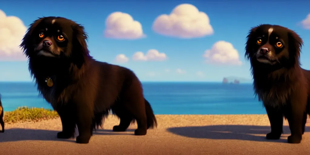 Image similar to a wholesome animation key shot of a black tibetan spaniel, spanish riviera in the background, studio ghibli, pixar and disney animation, sharp, rendered in unreal engine 5, anime key art by greg rutkowski, bloom, dramatic lighting