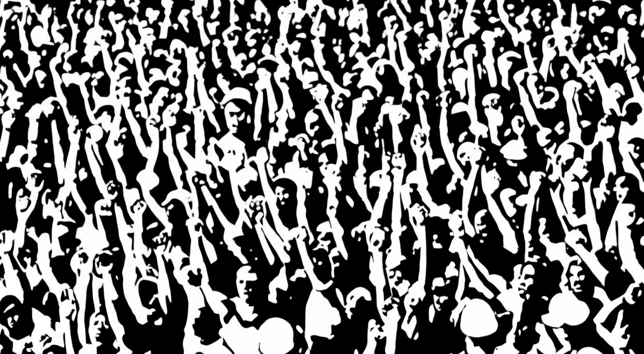 Prompt: black and white, high contrast, low angle, pop art of a group of workers raising their fists