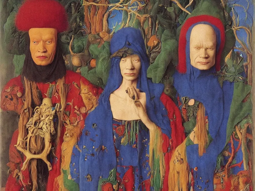 Image similar to Portrait of albino mystic with blue eyes, with beautiful exotic Siberian archaic, primitive, shamanic mask. Painting by Jan van Eyck, Audubon, Rene Magritte, Agnes Pelton, Max Ernst, Walton Ford